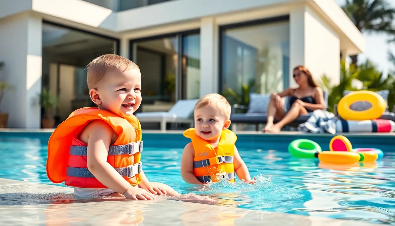 baby in a life jacket playing by the poolside.