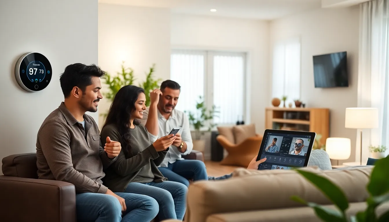 family using home automation devices in a modern living room.
