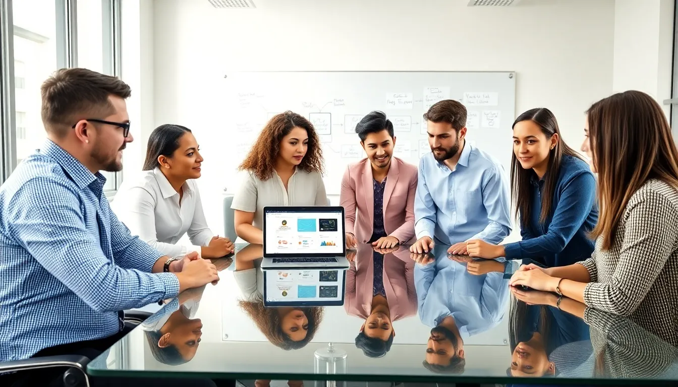 diverse team collaborating on custom SaaS development in a modern office.