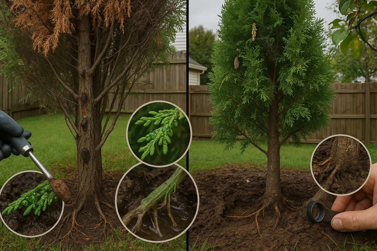 Side-by-side Leylandii and Thuja showing pests, rot, and soil conditions.