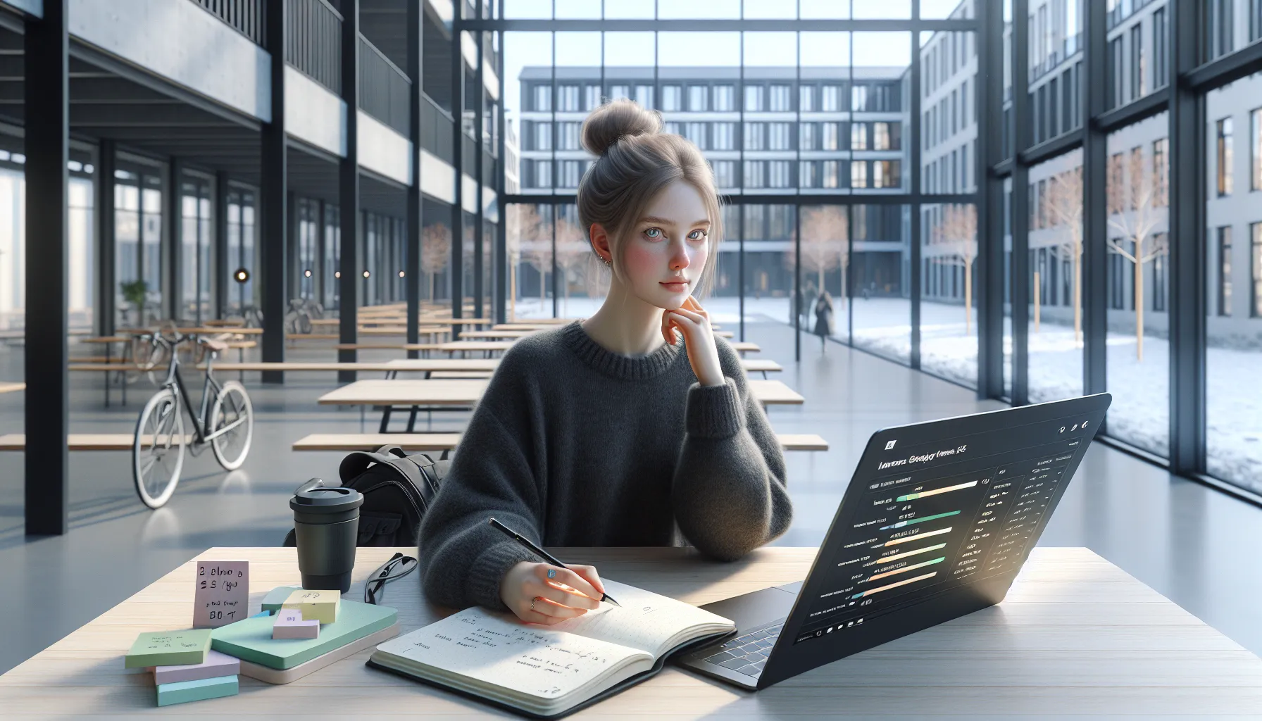 Norwegian student refining a personal pitch and goals in a campus atrium.