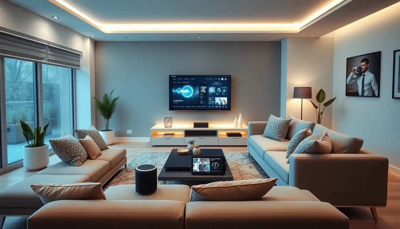 modern smart living room with integrated technology and cozy design.
