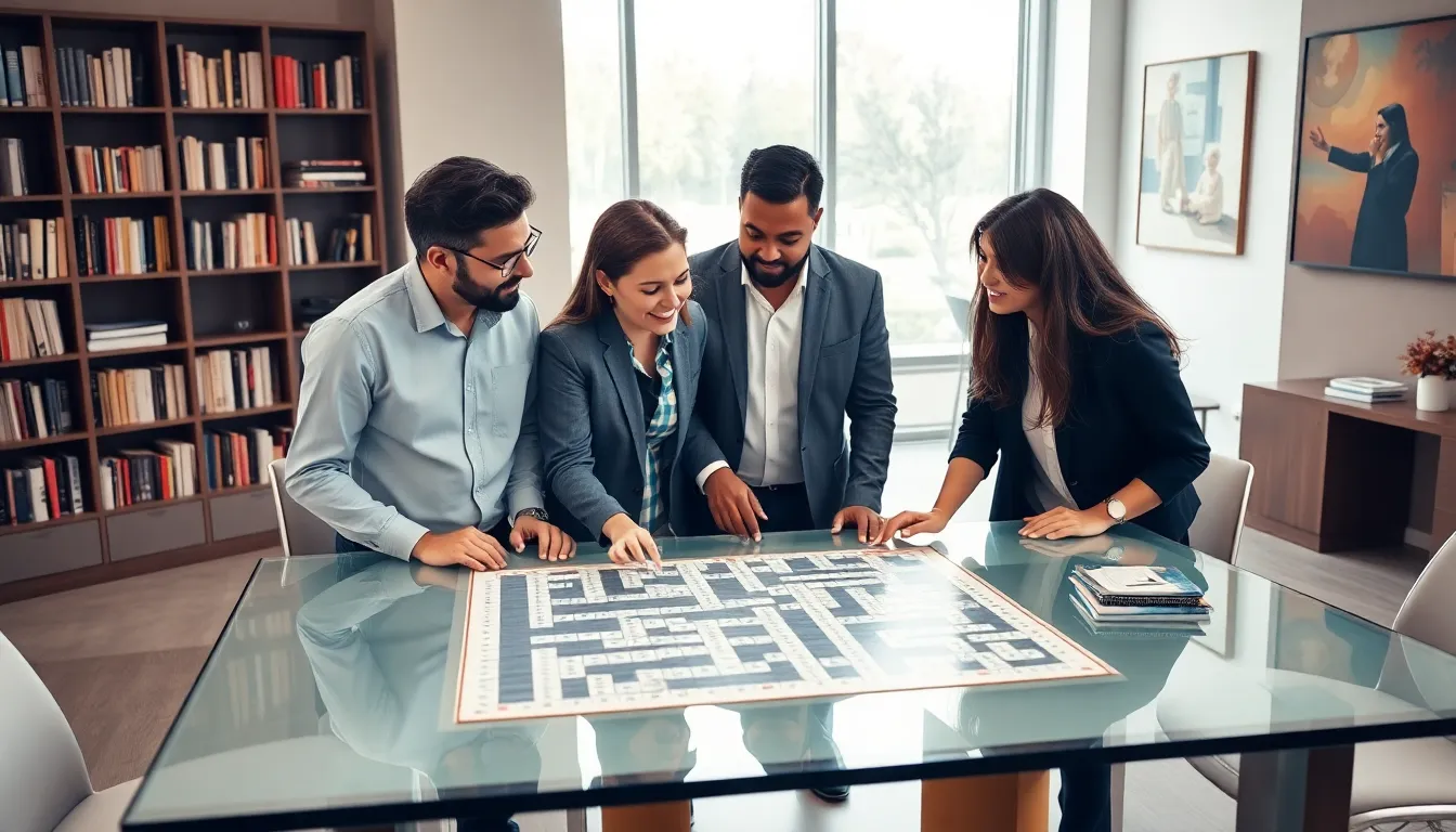 diverse professionals discussing a crossword puzzle in a modern office.