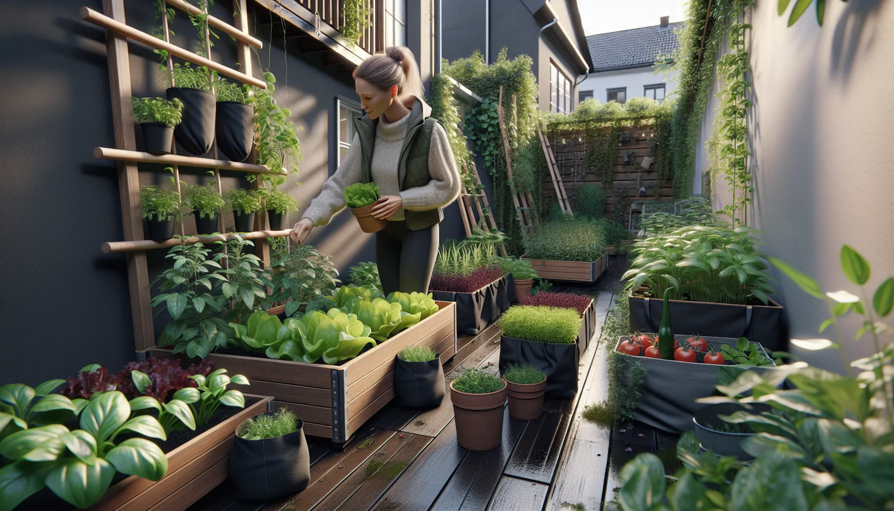 De beste tipsene for å dyrke grønnsaker i små hager 3 Norwegian woman tending dense container vegetable garden in a small backyard.