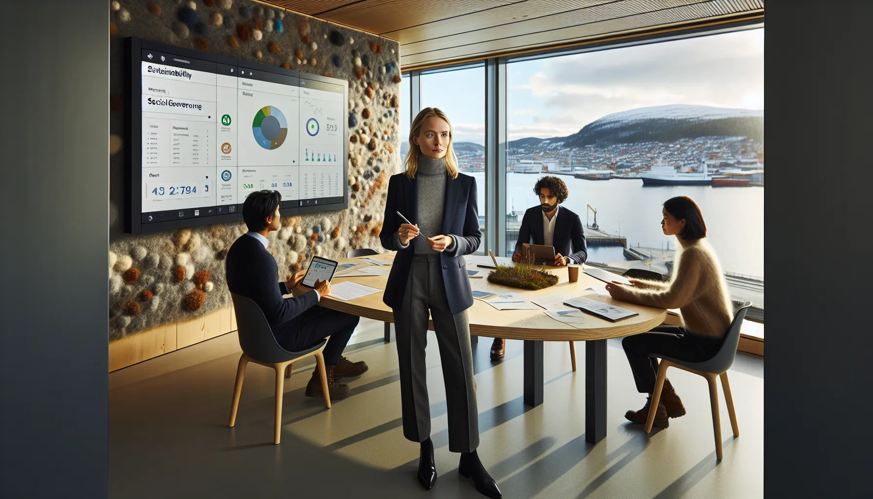 Sustainability manager presents esg dashboards to a diverse team in an oslo office.