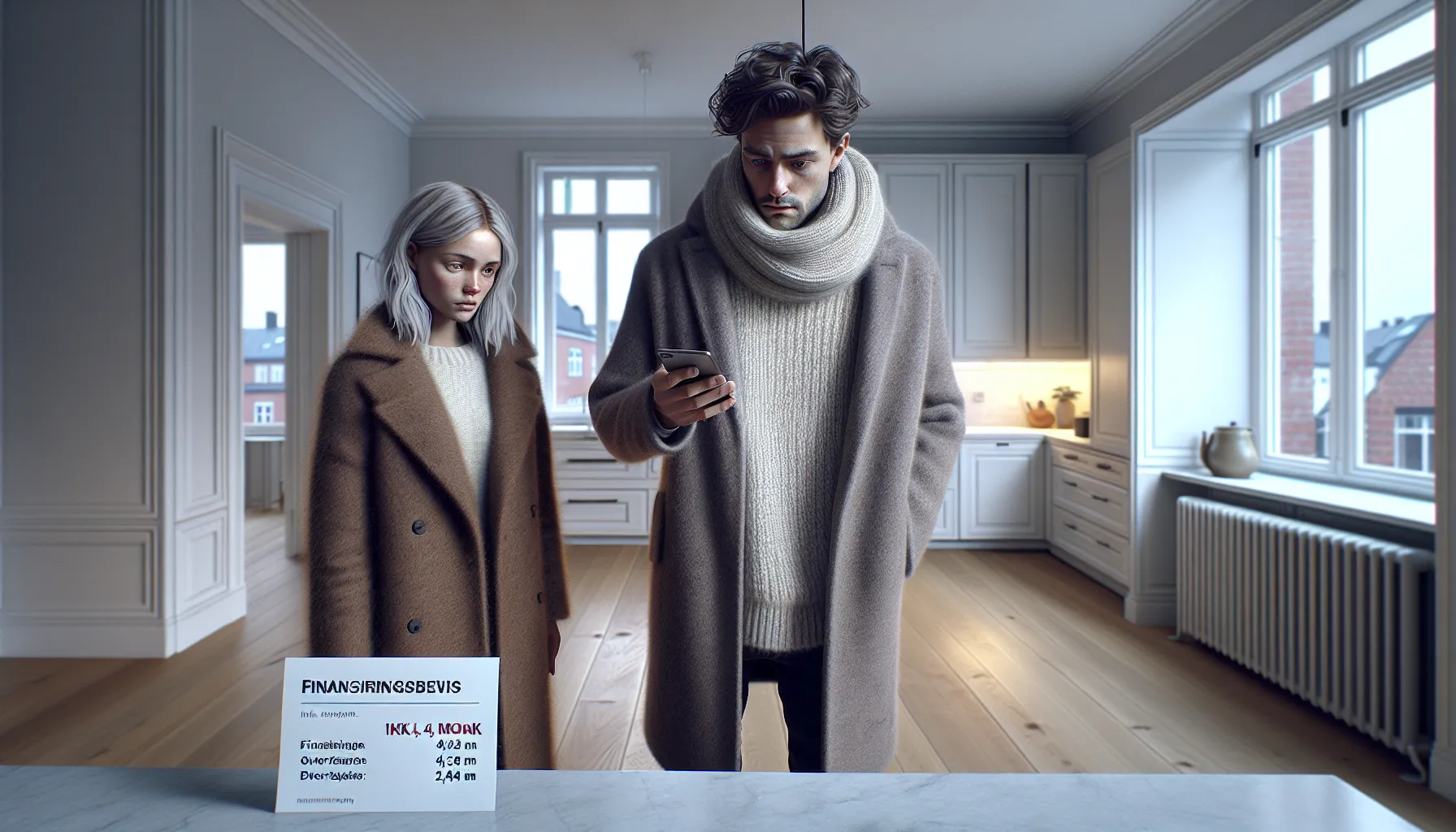 Young couple at oslo open house comparing reduced price to lower financing.