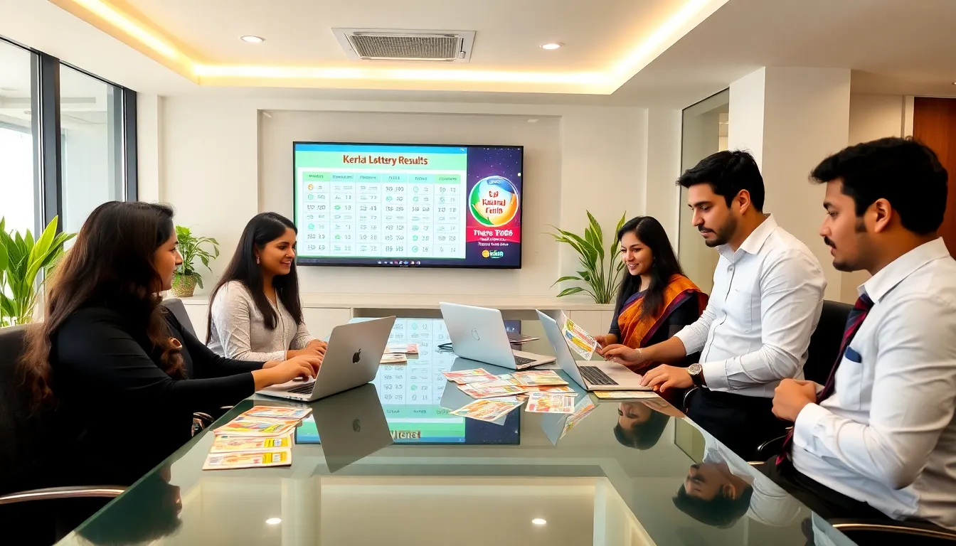 diverse team discussing Keralalottery results in a modern office.