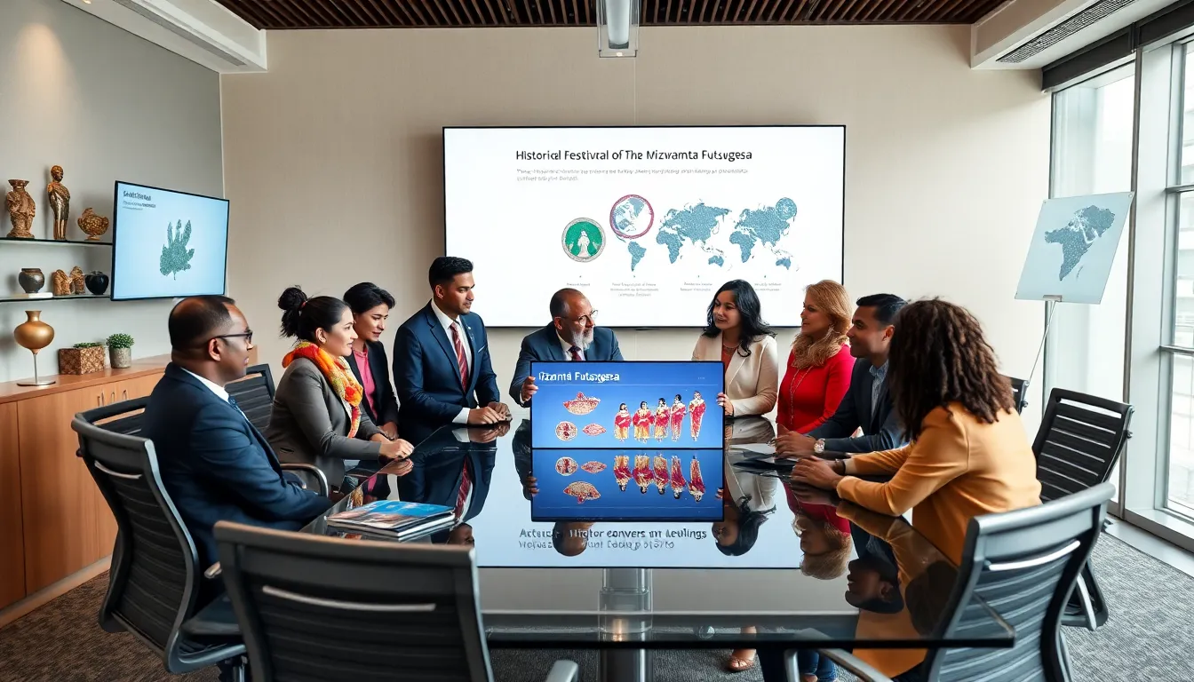 diverse team discussing Mizwamta Futsugesa in a modern office setting.