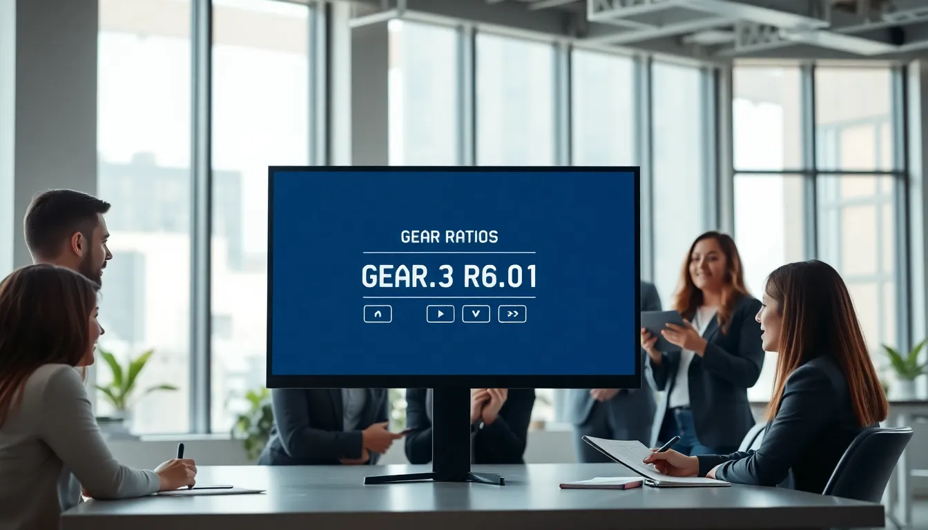Professionals discussing a gear ratio calculator in a modern office.
