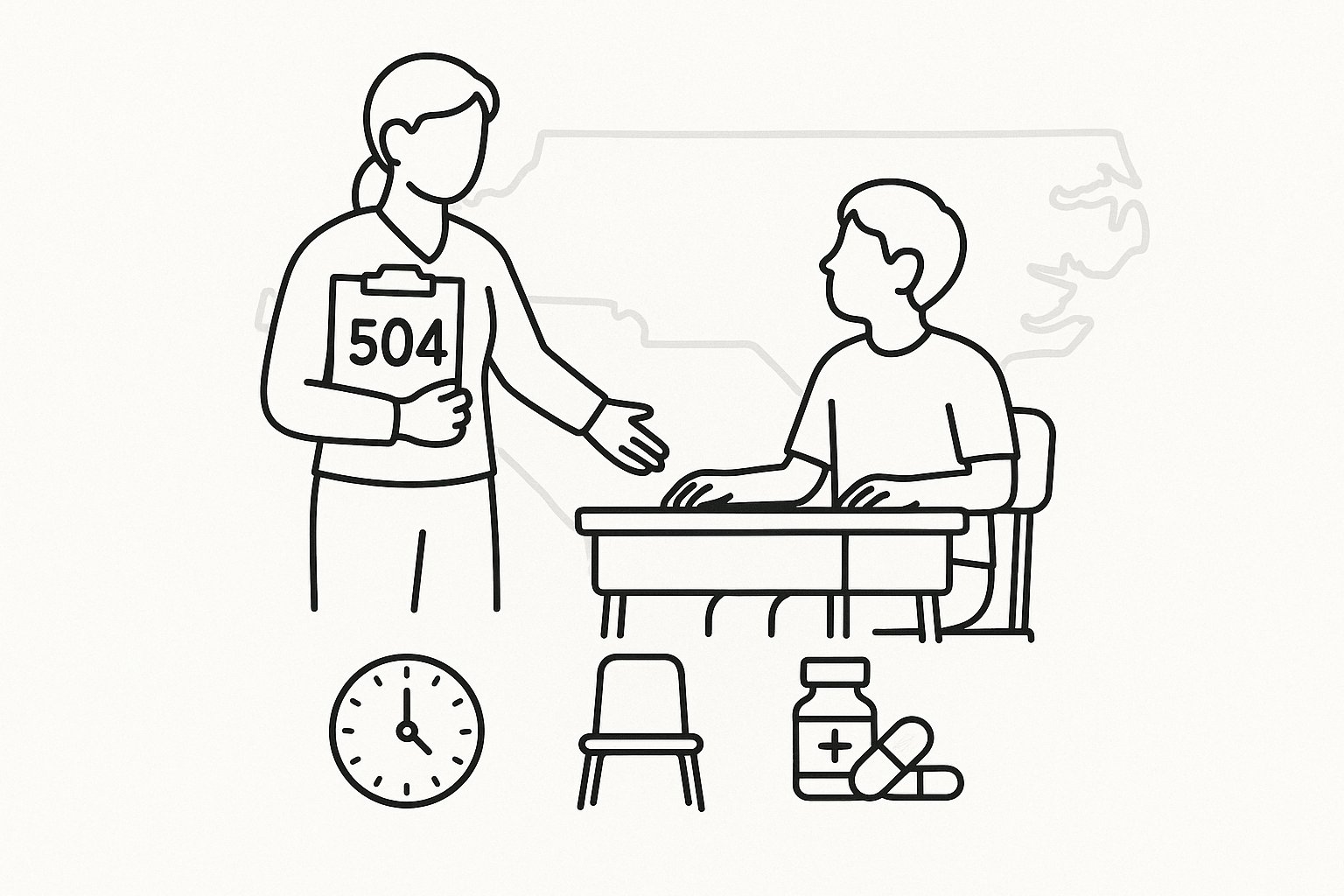 Teacher with clipboard labeled 504 beside student and accommodation icons - What Is a 504 Plan in North Carolina A Practical Guide for Parents and Educators 2026