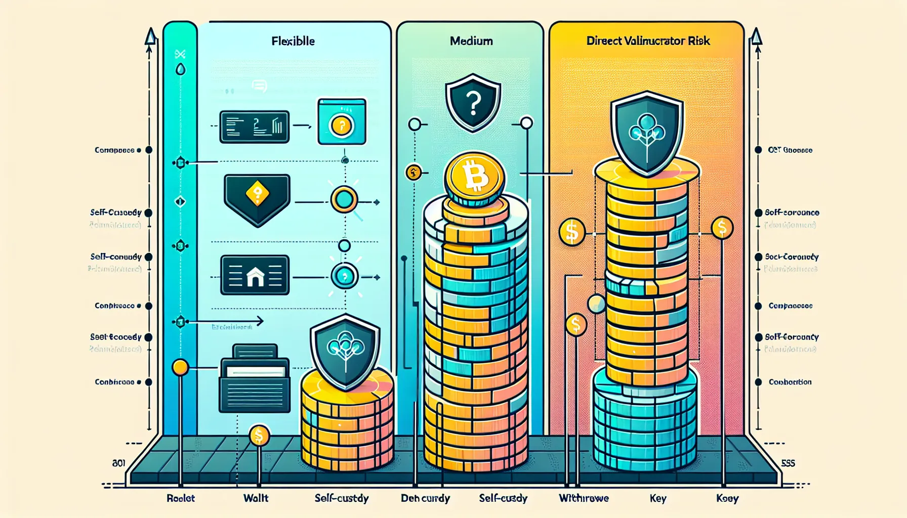 Layered infographic showing cryptocurrency staking process, platform comparison, and lock-up periods with reward indicators.