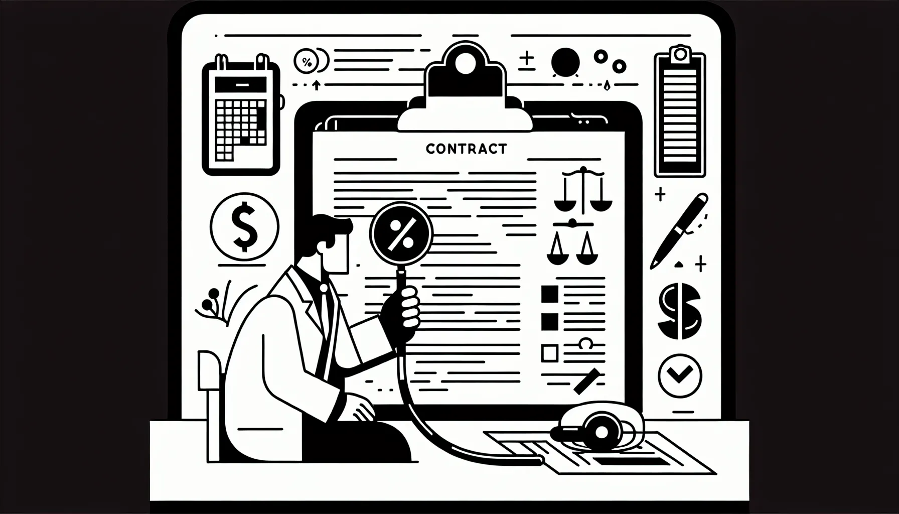 Dentist examining a contract with percent, dollar, calendar, scales, and Georgia outline.