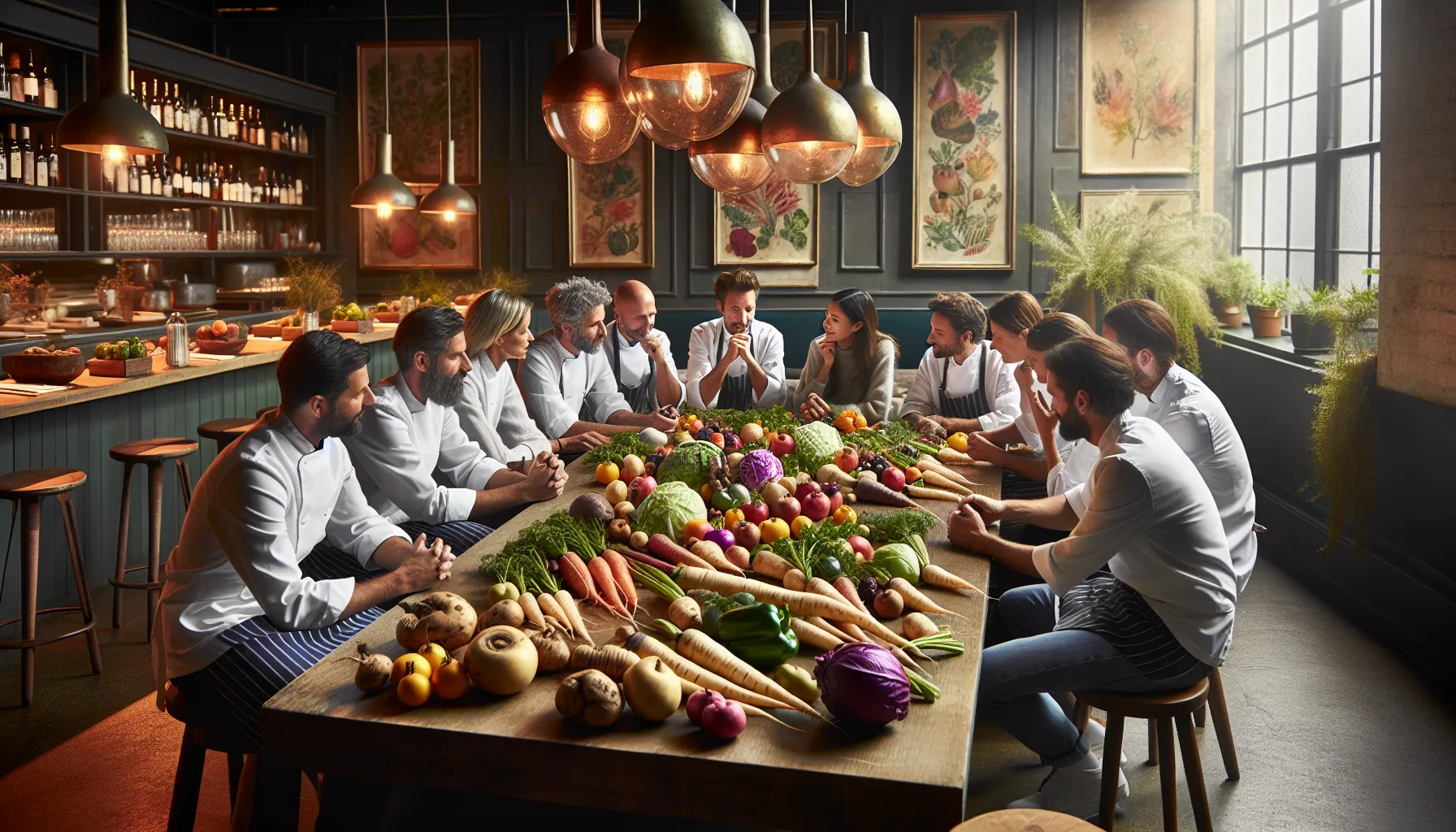 chefs collaborating in a cozy farm-to-table restaurant with seasonal vegetables.