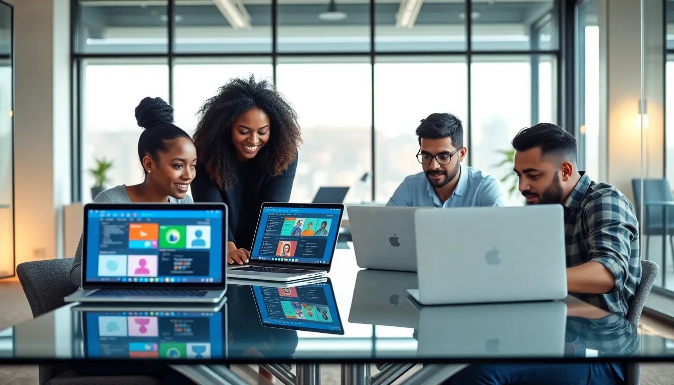 diverse team collaborating on low code development in a modern office.