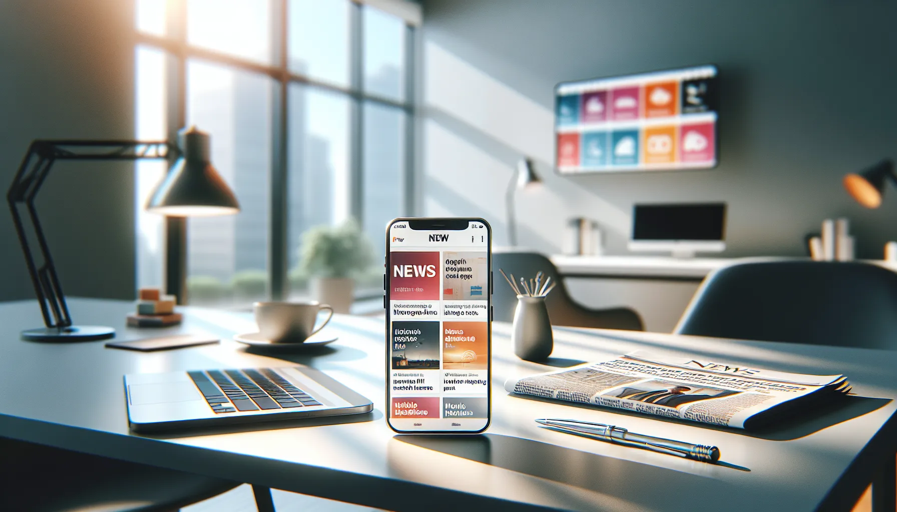 smartphone displaying a news app in a modern workspace.
