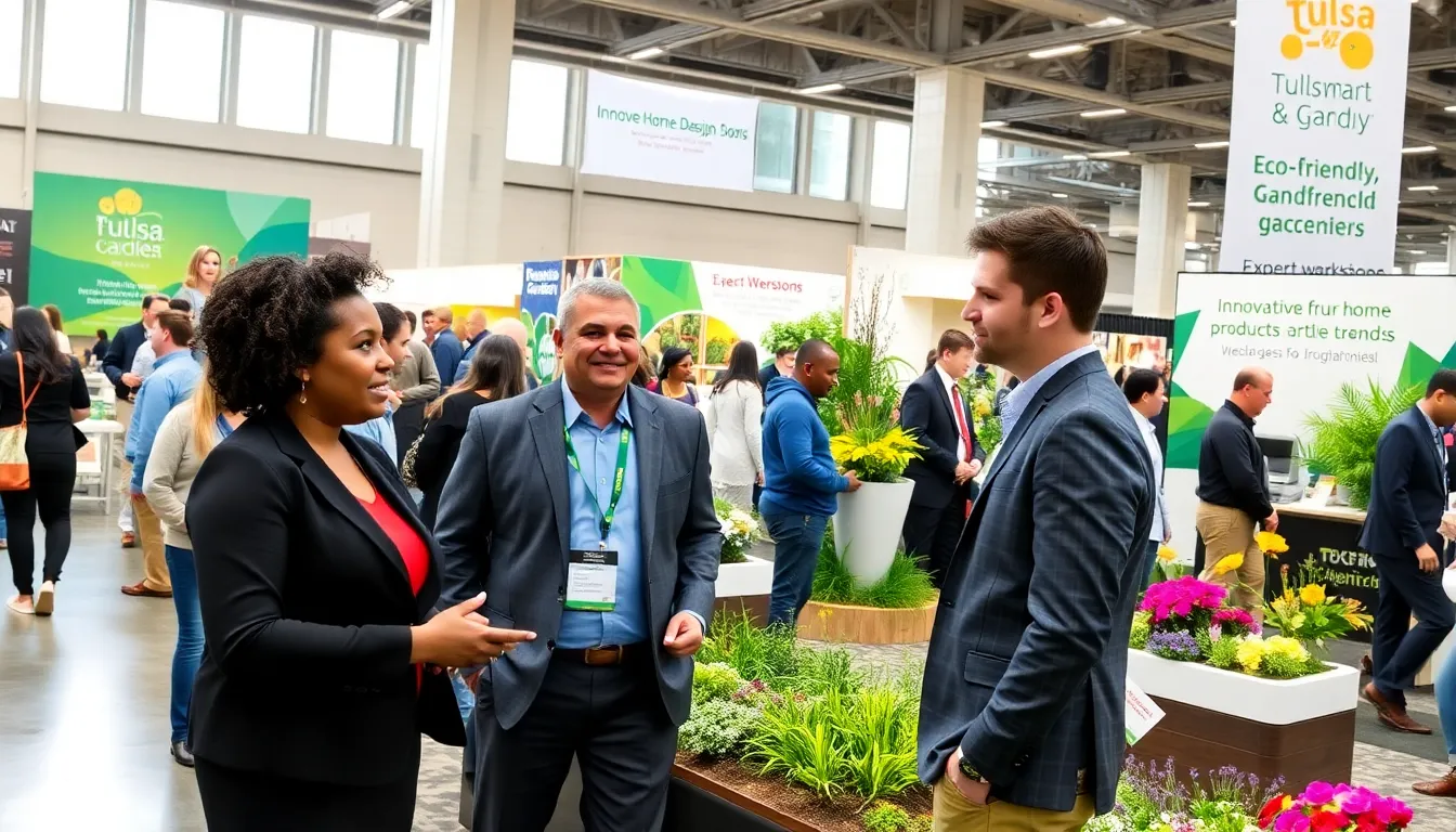busy exhibition at the Tulsa Home and Garden Show with diverse attendees.