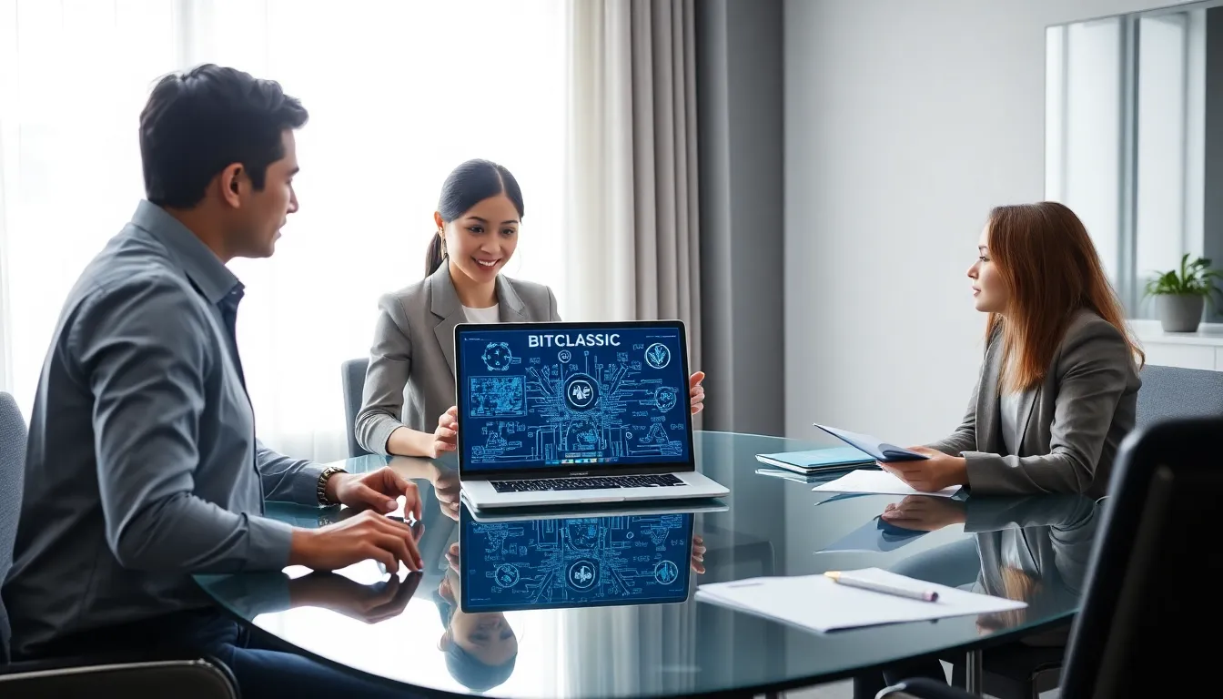 team discussing Bitclassic encryption in a modern office.