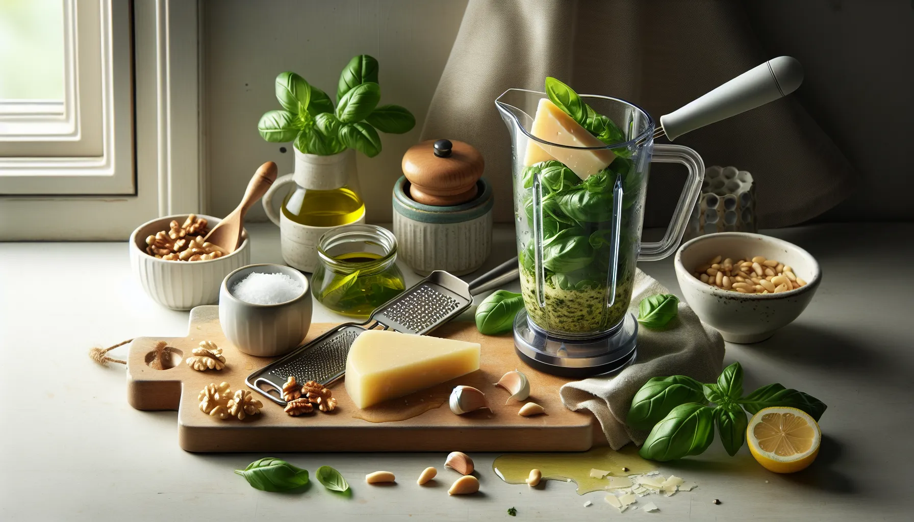 Quick pesto setup with basil, oil, pine nuts, lemon, and blender.