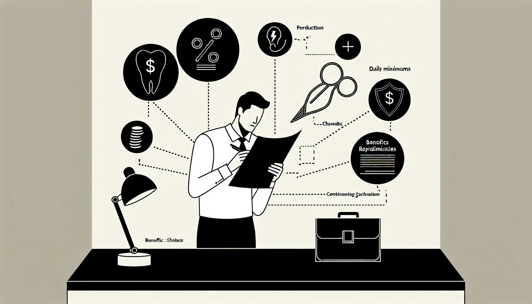 Dentist reviewing a contract with icons for pay, schedule, clawbacks, and benefits.