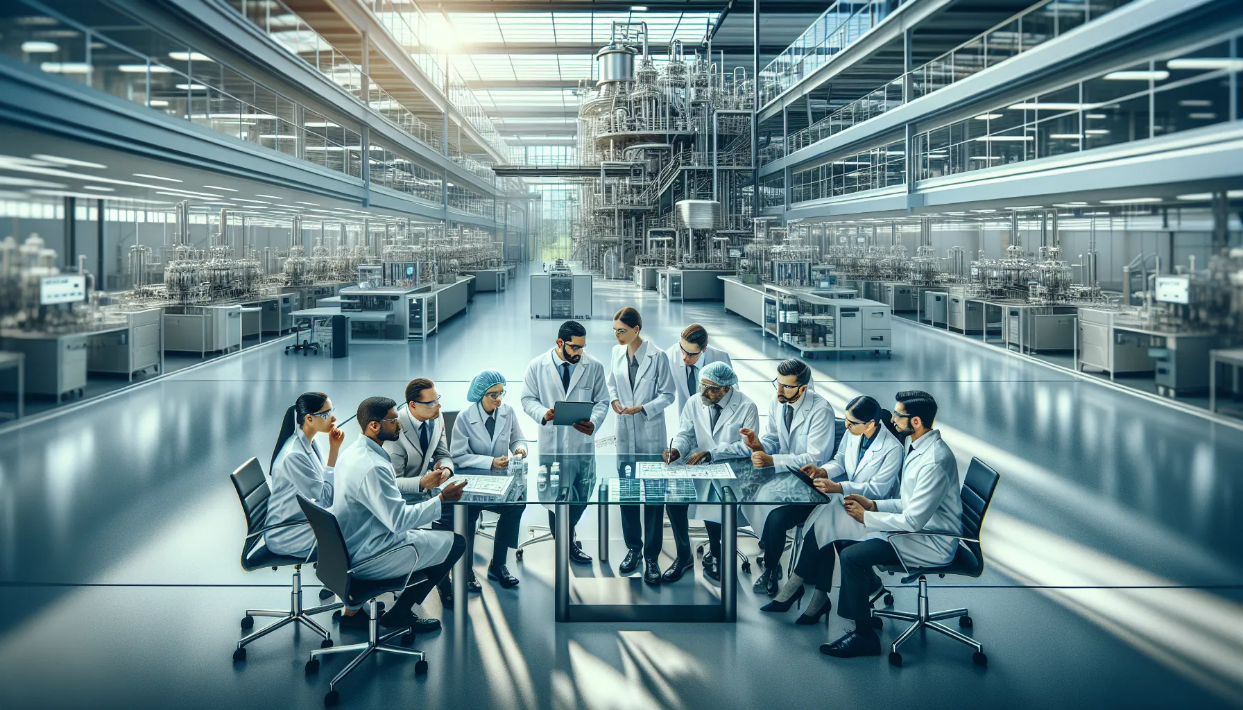 diverse team collaborating in a modern pharmaceutical production facility.