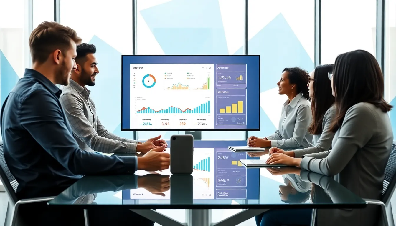 team analyzing mobile app performance metrics in a modern office.