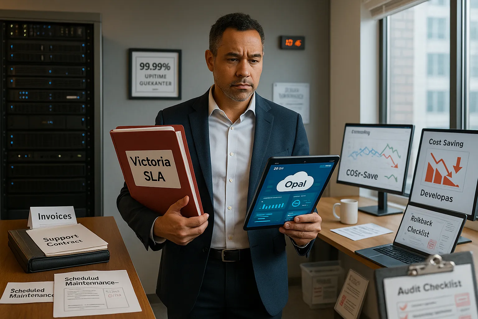 IT manager comparing a formal server rack and enterprise contract to a lean cloud dashboard.