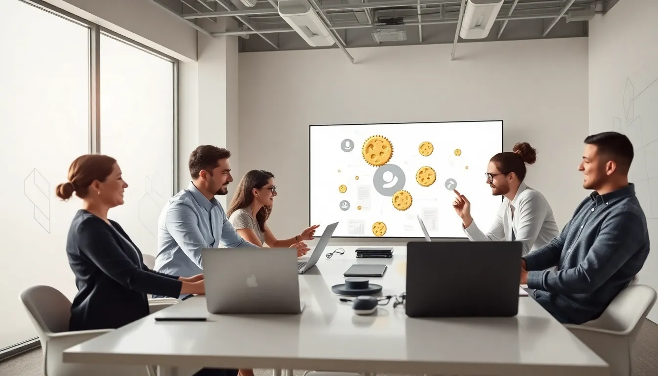 diverse team discussing website cookies in a modern office.