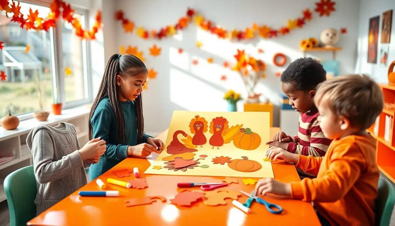 young children making Thanksgiving crafts in a bright classroom.