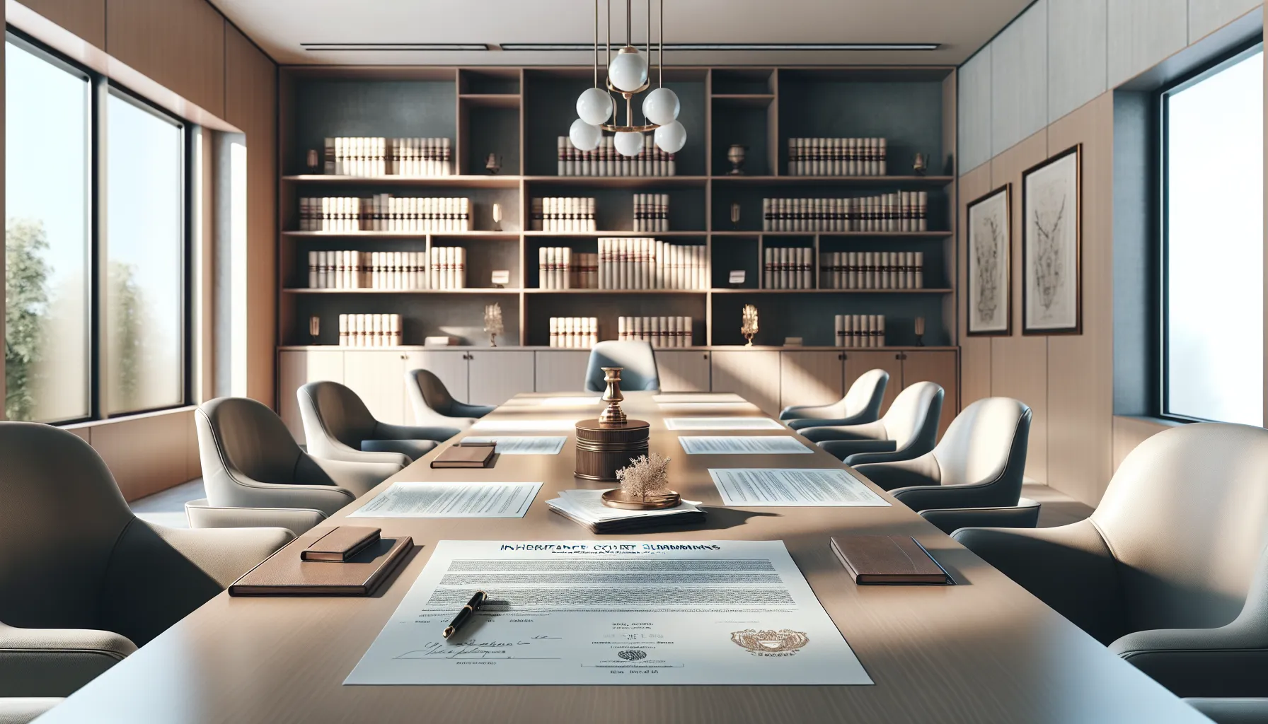 Empty courtroom table with legal documents representing missed inheritance proceedings