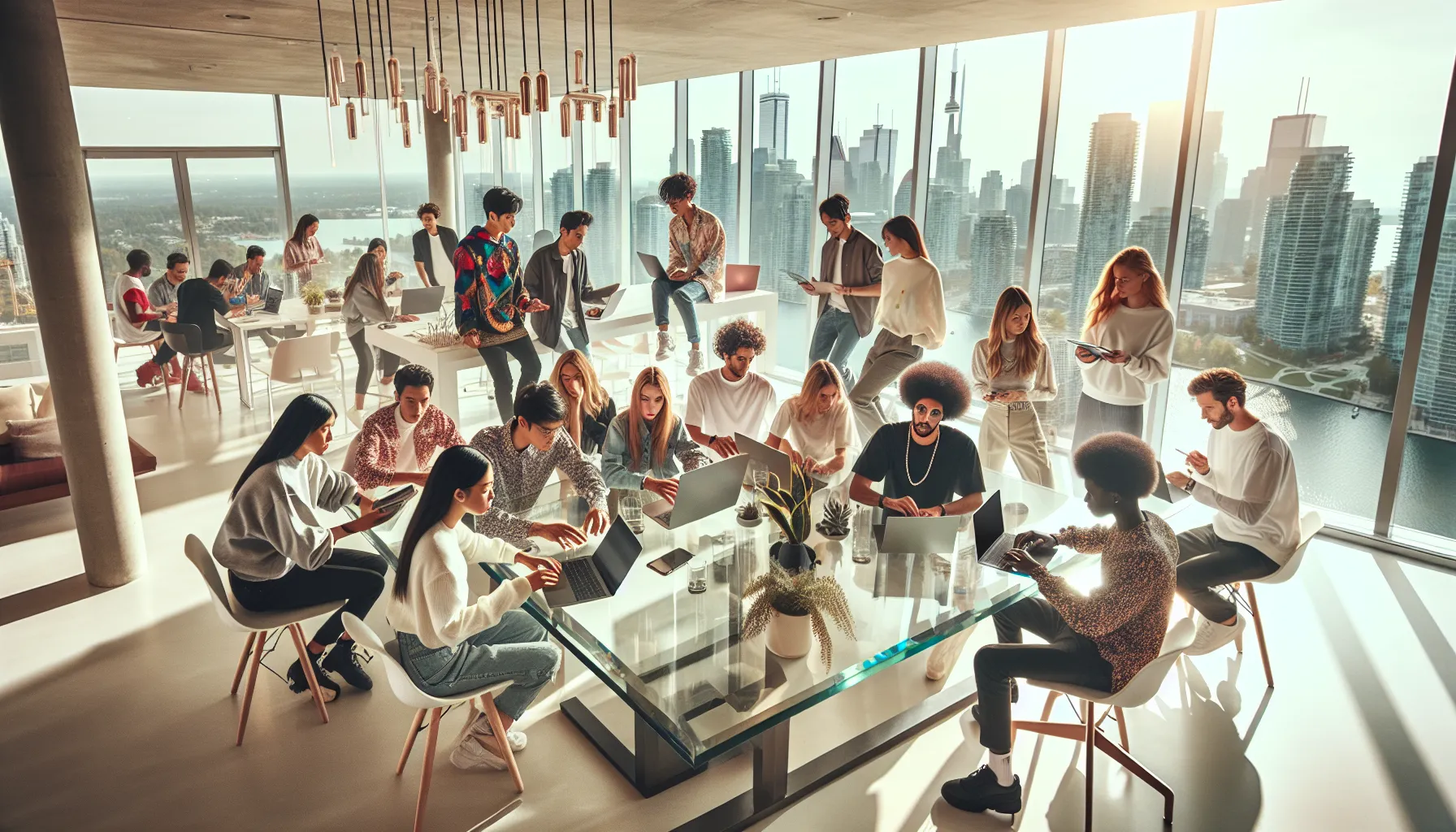 diverse professionals collaborating in a modern co-working space.