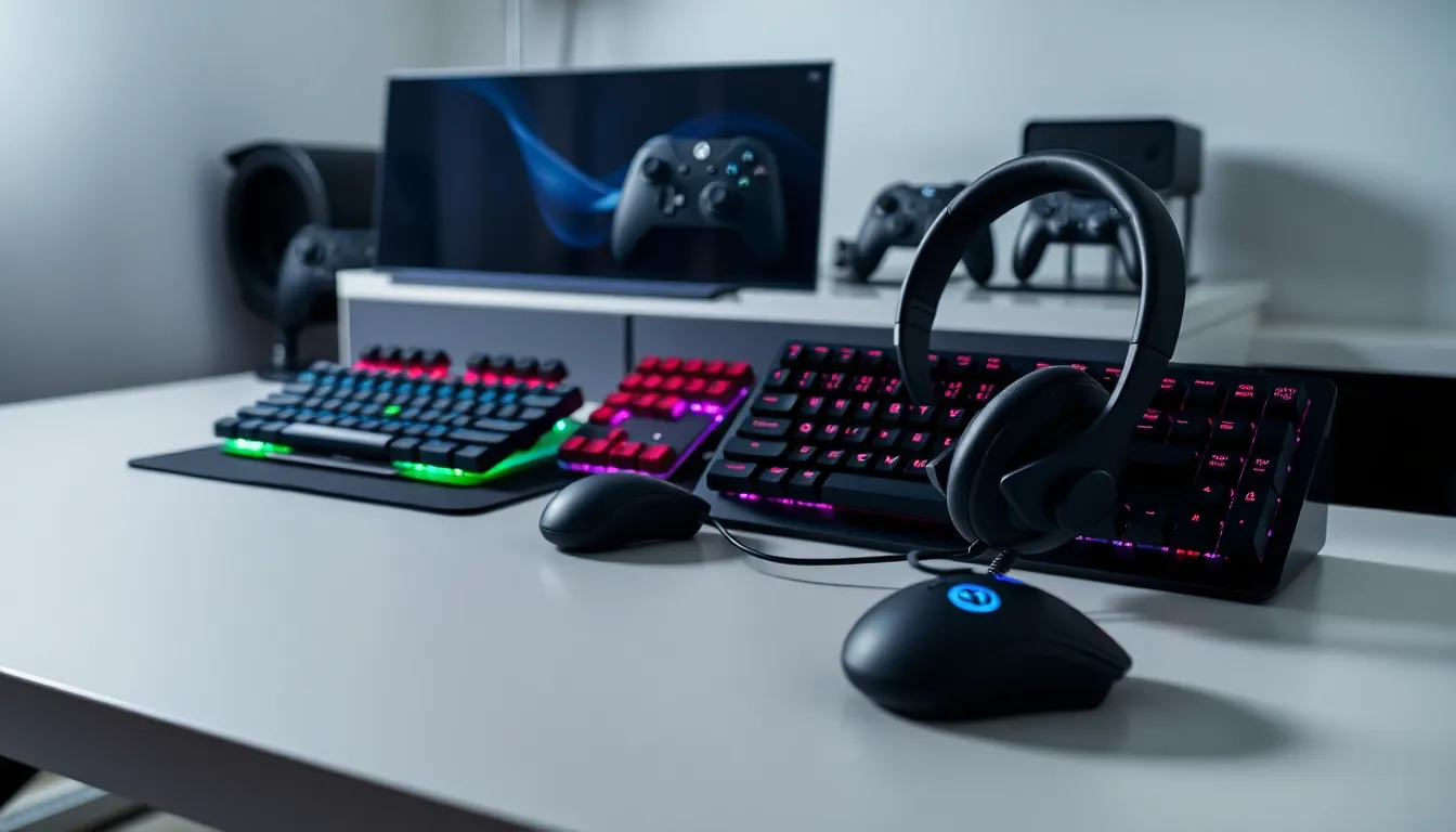modern gaming setup with essential gadgets including headset, mouse, and keyboard.