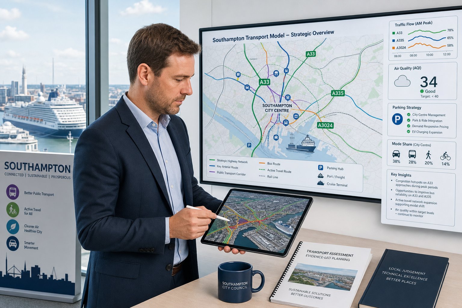 Traffic engineer reviewing Southampton transport corridors and development planning data.