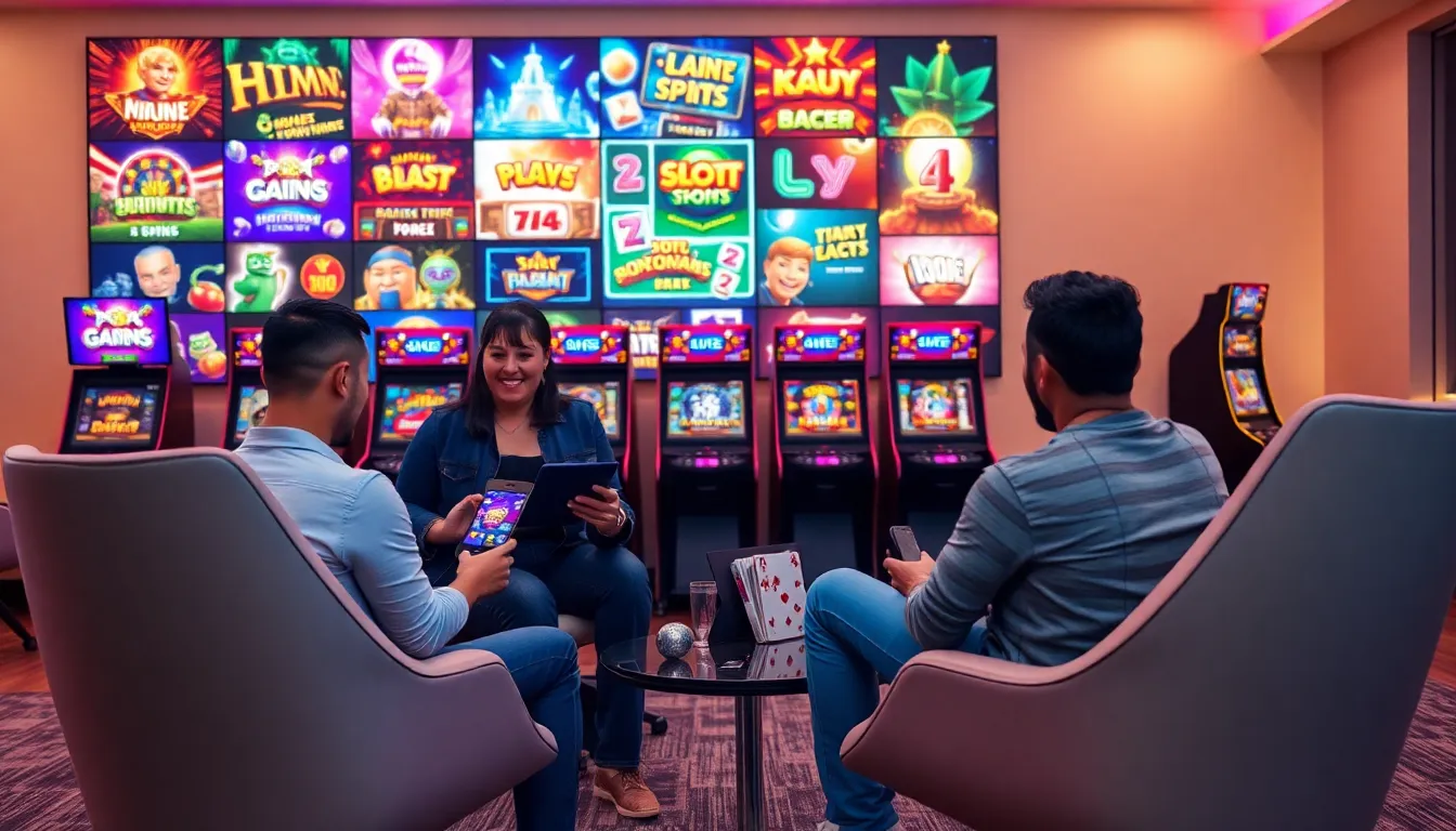 diverse group playing Dadunation slot games on modern devices.