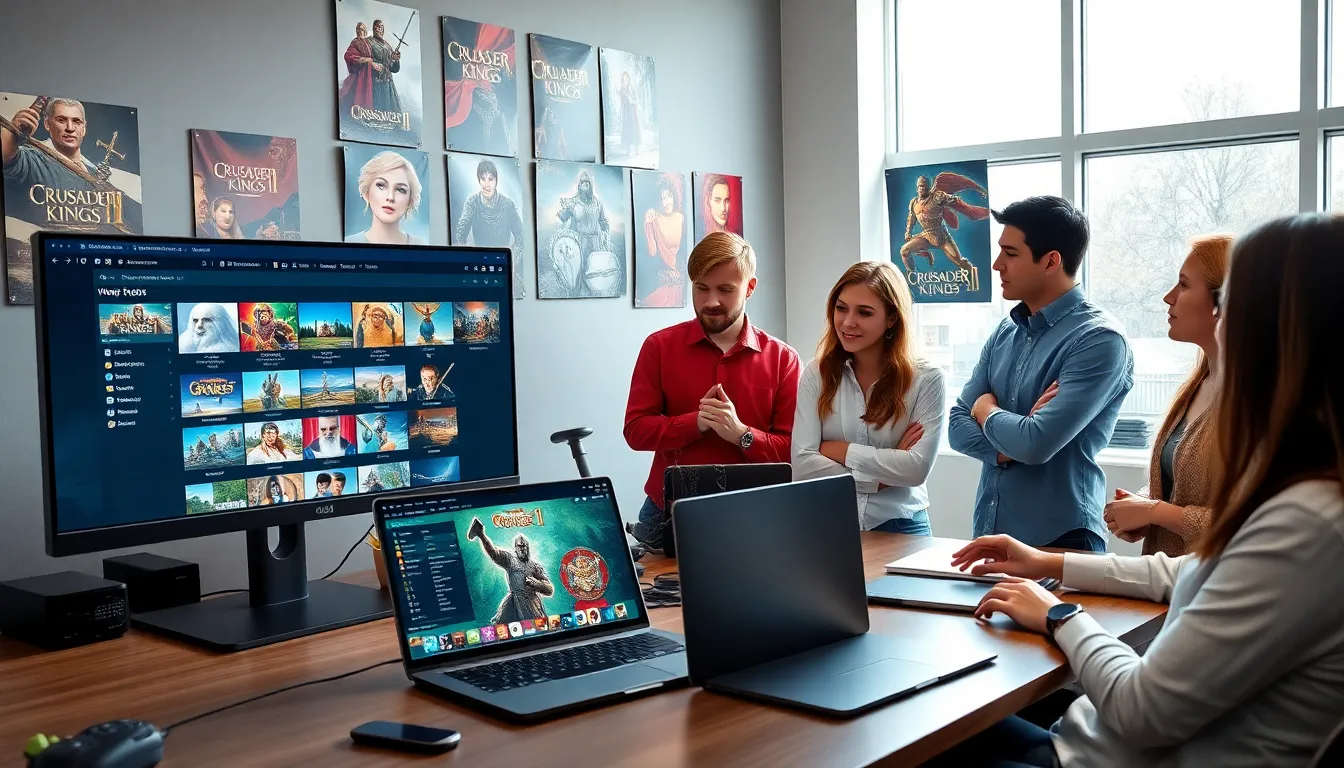 diverse team collaborating on gaming projects in a modern office.