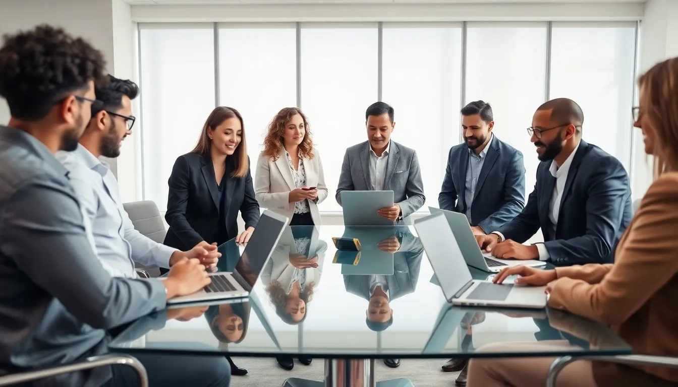professionals collaborating on innovative ideas in a modern office.