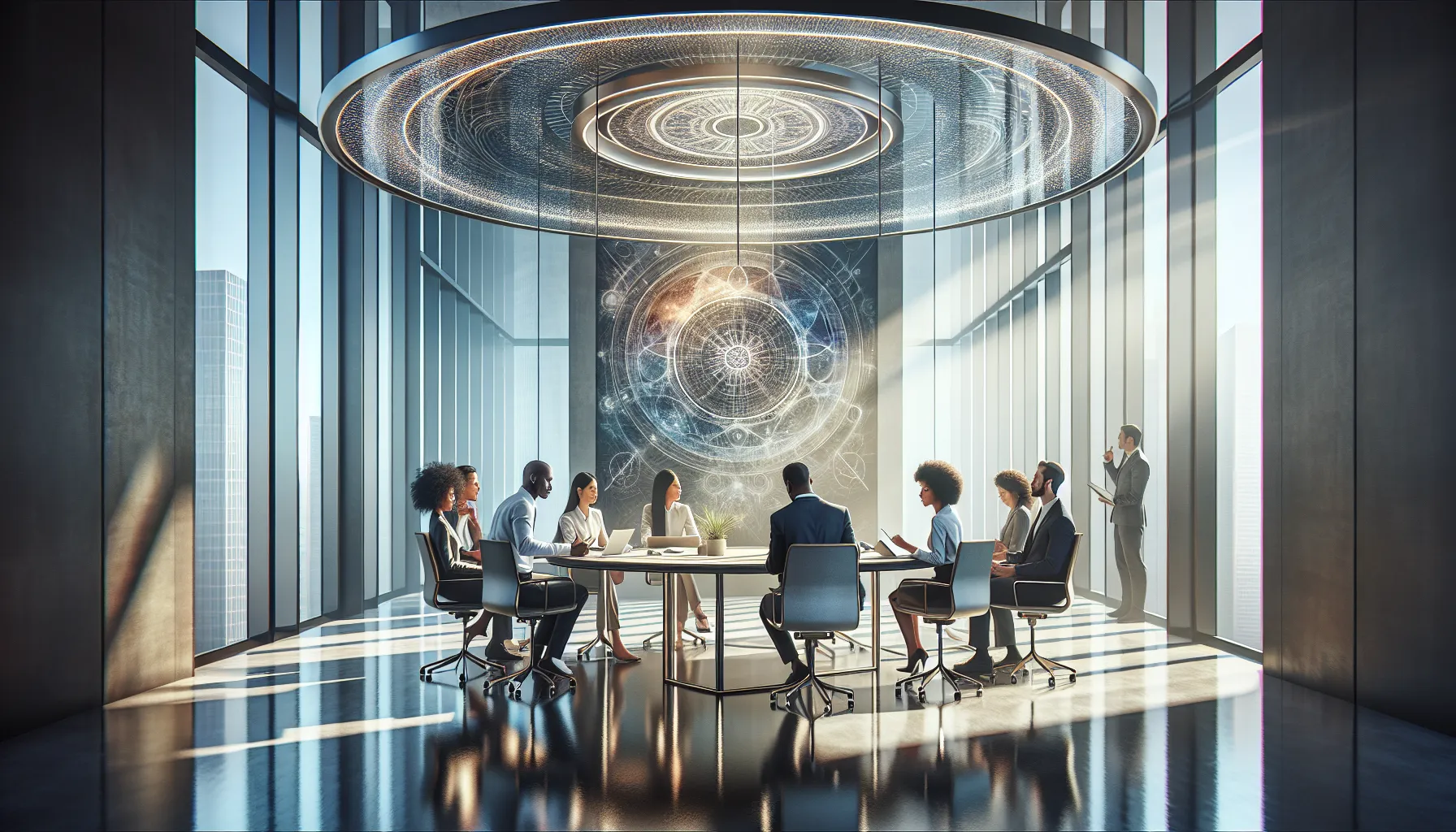 diverse professionals discussing concepts of consciousness in a modern office.