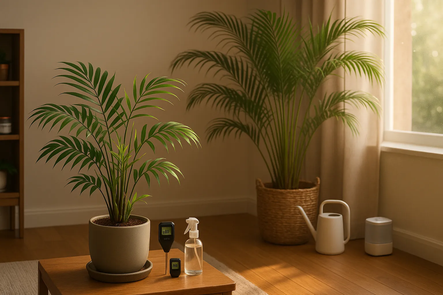 Parlor Palm in foreground and taller Areca Palm by a sunny window.