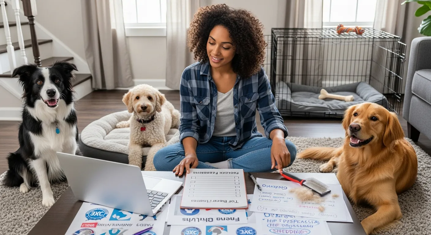 Young woman compares different dog breeds at home, weighing lifestyle and care needs.