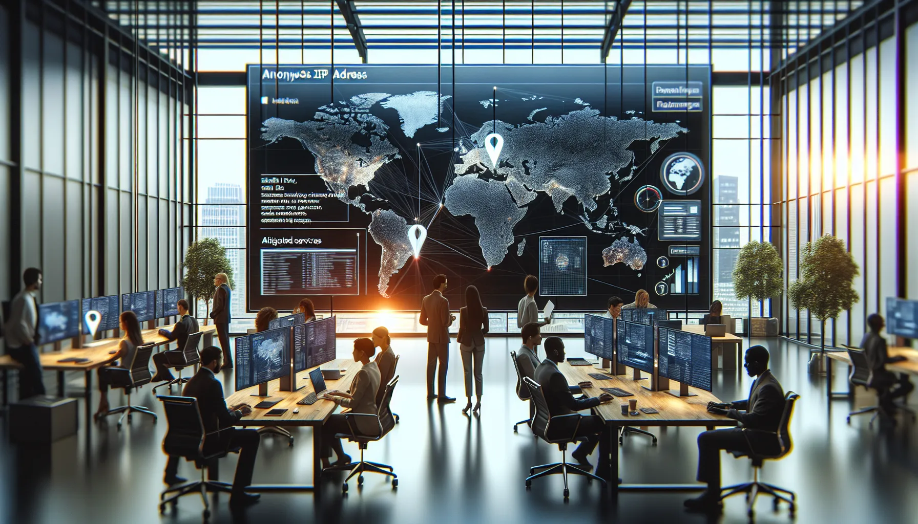 diverse IT team analyzing geolocation data in a modern office.