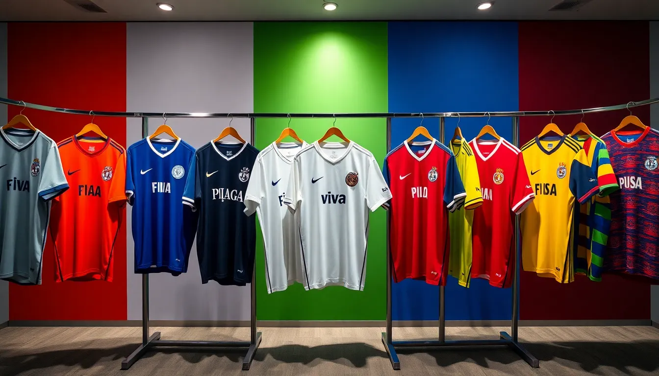 a display of FIFA jerseys showcasing their evolution through the years.