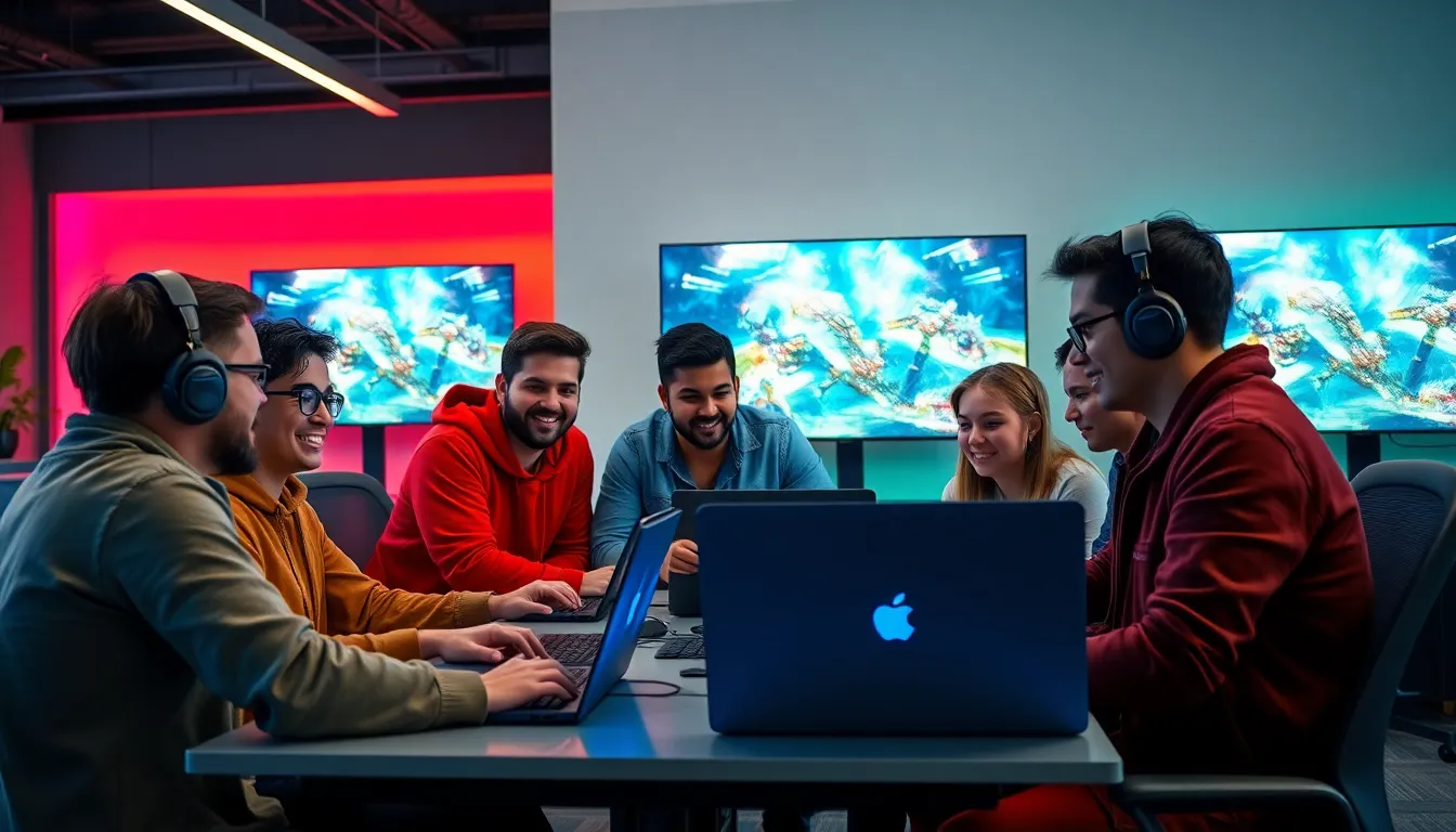 diverse gamers collaborating in a modern workspace during a raid.