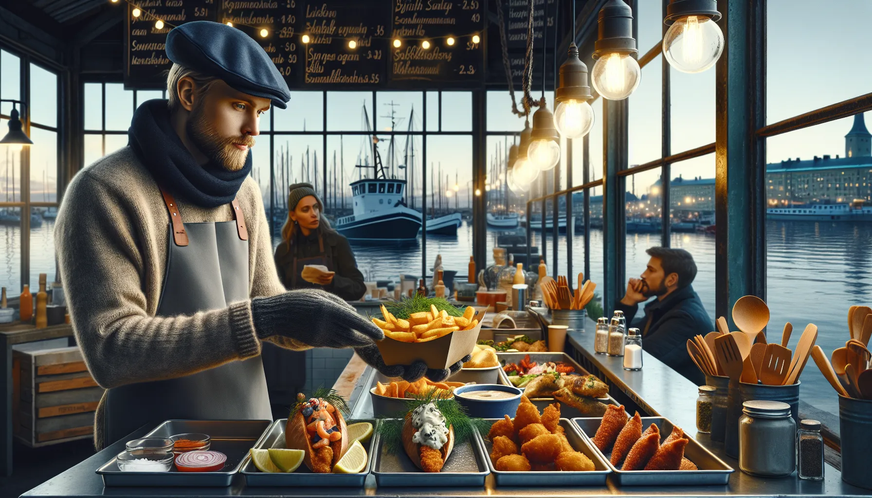 Vendor hands skrei fish and chips in a lively oslo waterfront food hall.
