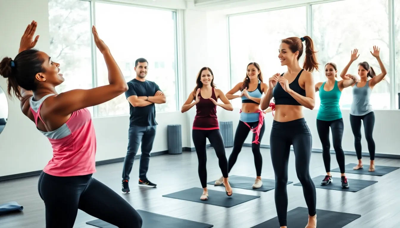 diverse fitness instructors training in a modern studio.