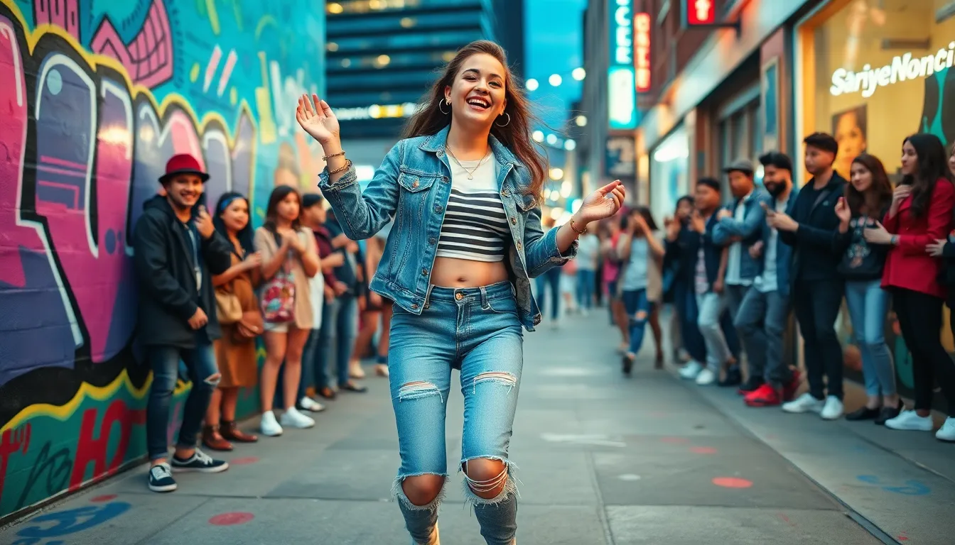Kristenaxx engaging playfully in a vibrant urban creative setting.