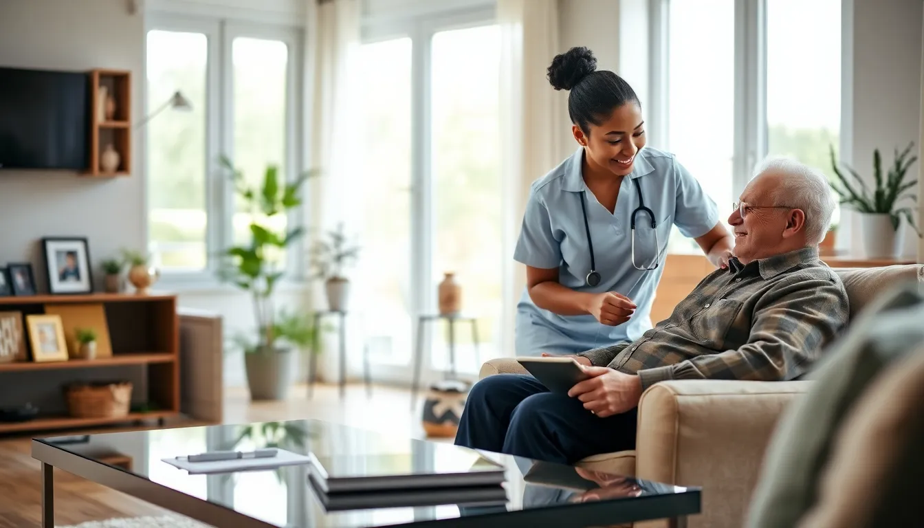 caregiver assisting an elderly person in a cozy living room.