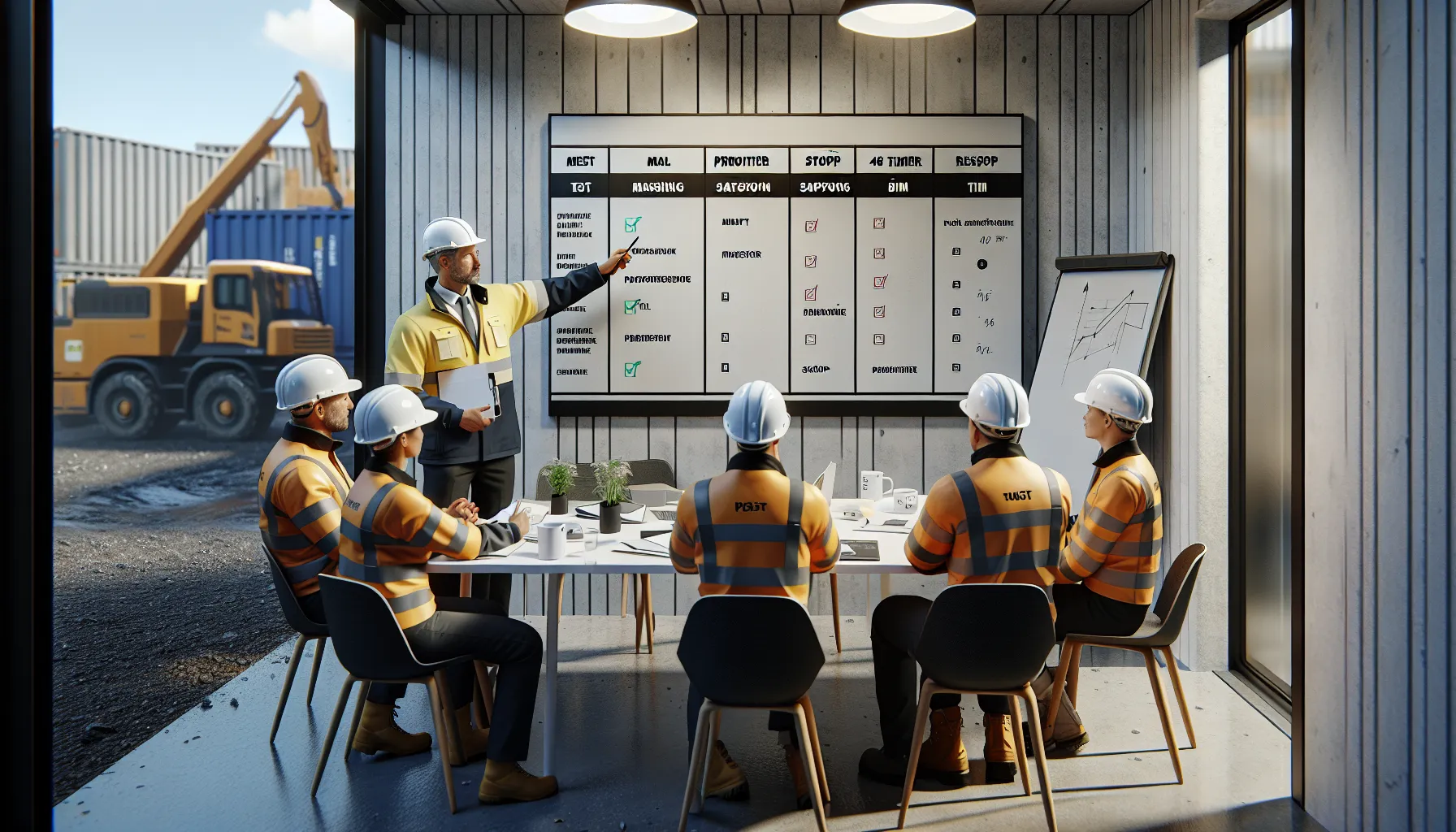 Construction manager leads a focused innovation meeting in a norwegian site office.
