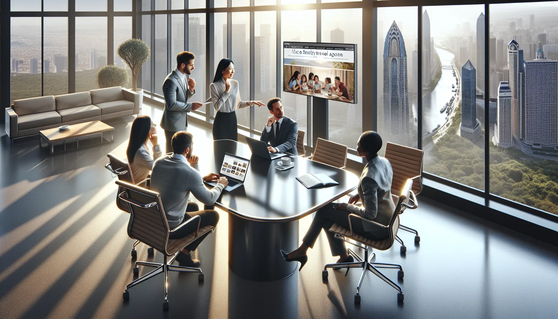 diverse team discussing hotel discount codes at a modern office.