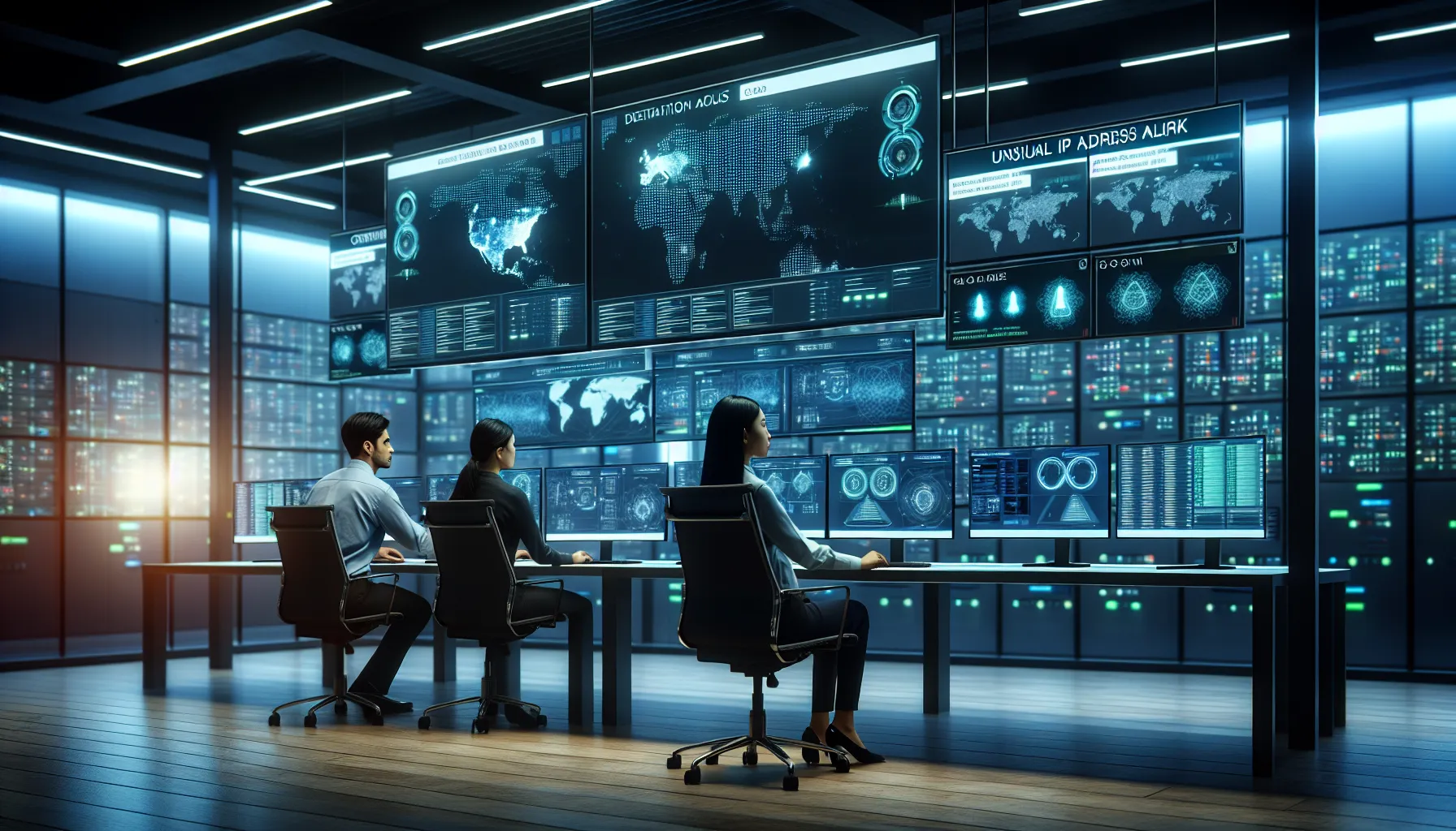 diverse team monitoring cybersecurity threats in a modern office.