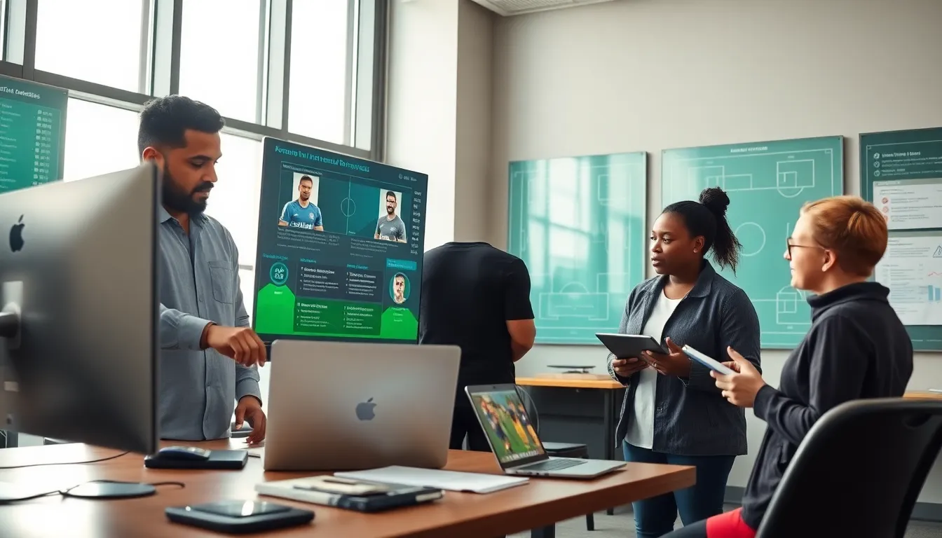 analysts discussing football strategies in a modern workspace.