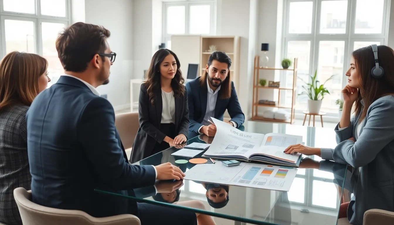 interior designer discussing a design brief with a diverse team.
